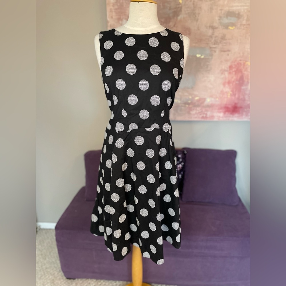 Nine West black and‎ white polka dot mid length A-line dress size 12